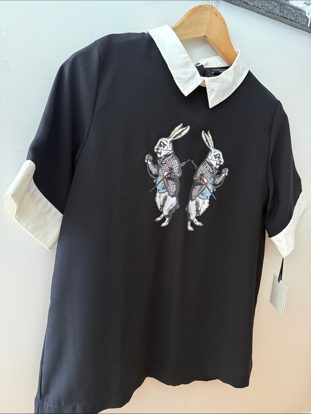 Victoria Beckham Black Short-Sleeve Top with White Collar and Bunny Image